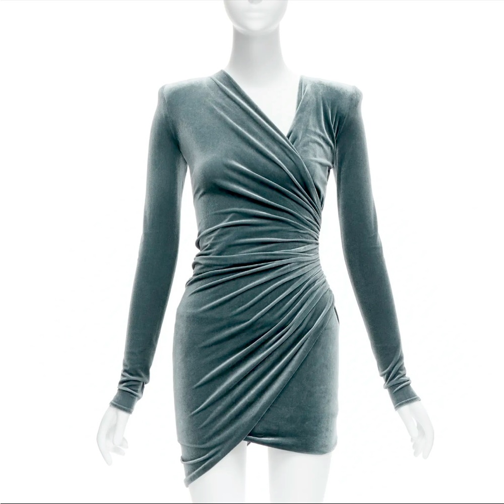 ALEXANDRE VAUTHIER grey wrap draped velvet V neck mini bodycon dress FR34 XS